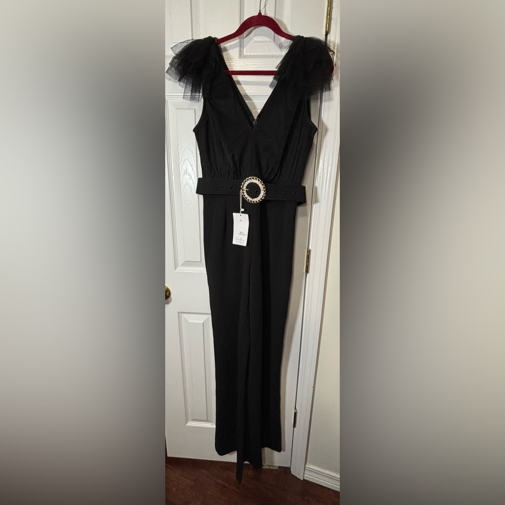 NEW NWOT VALENTINE JUMPSUIT SZ M BLACK with Tulle on top of each shoulder.